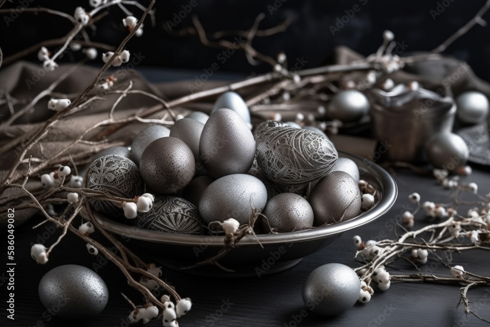 shiny silver bowl filled with Easter eggs on a wooden table created with Generative AI technology