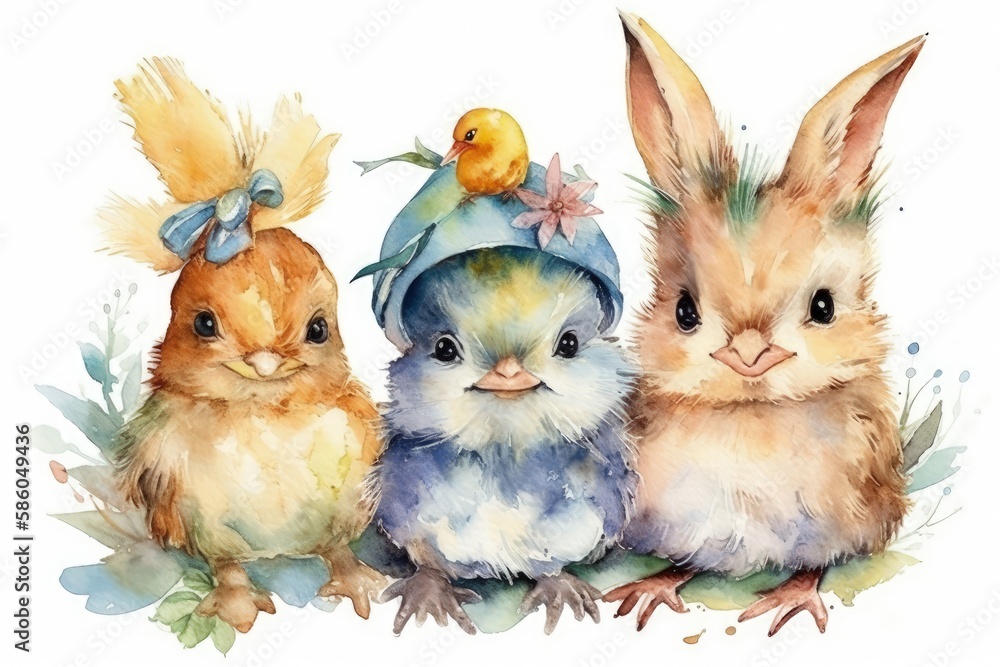 Illustration of three cute rabbits sitting together in a field created with Generative AI technology