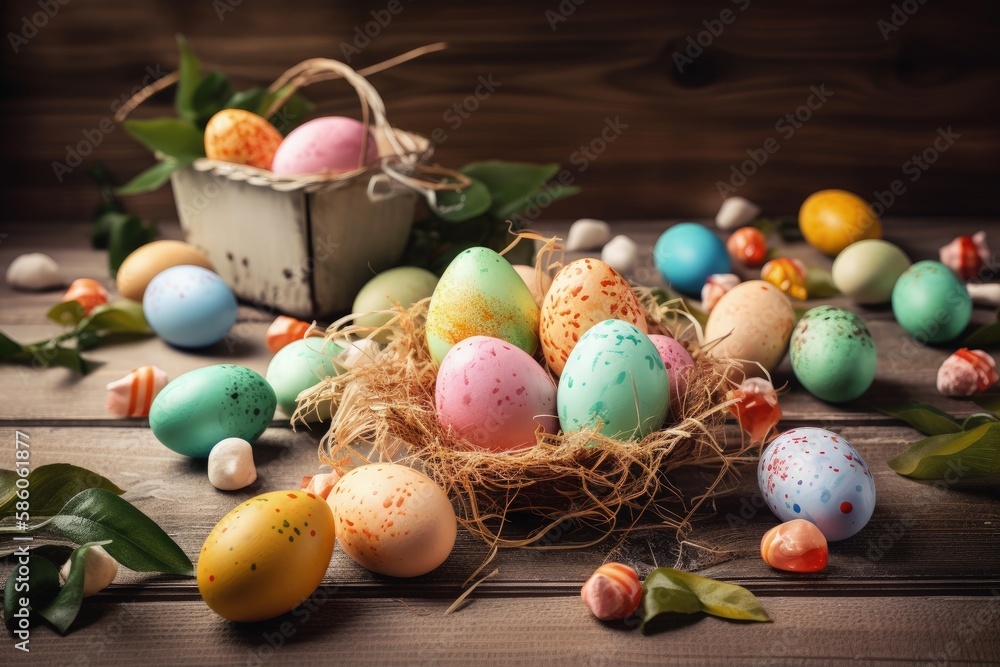 colorful Easter basket filled with eggs created with Generative AI technology