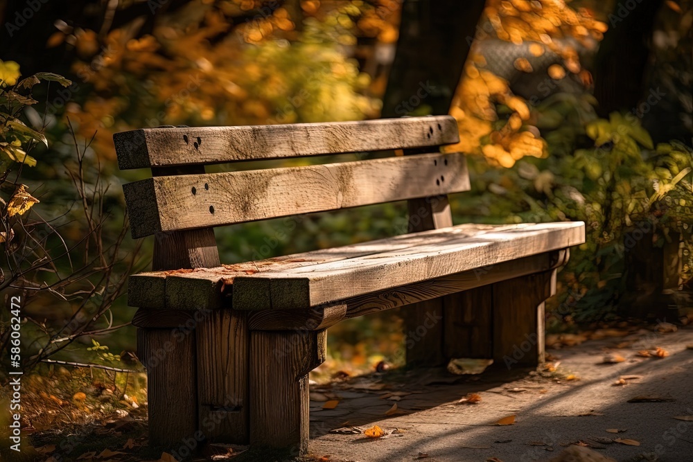 serene wooden bench surrounded by lush trees in a peaceful forest setting created with Generative AI