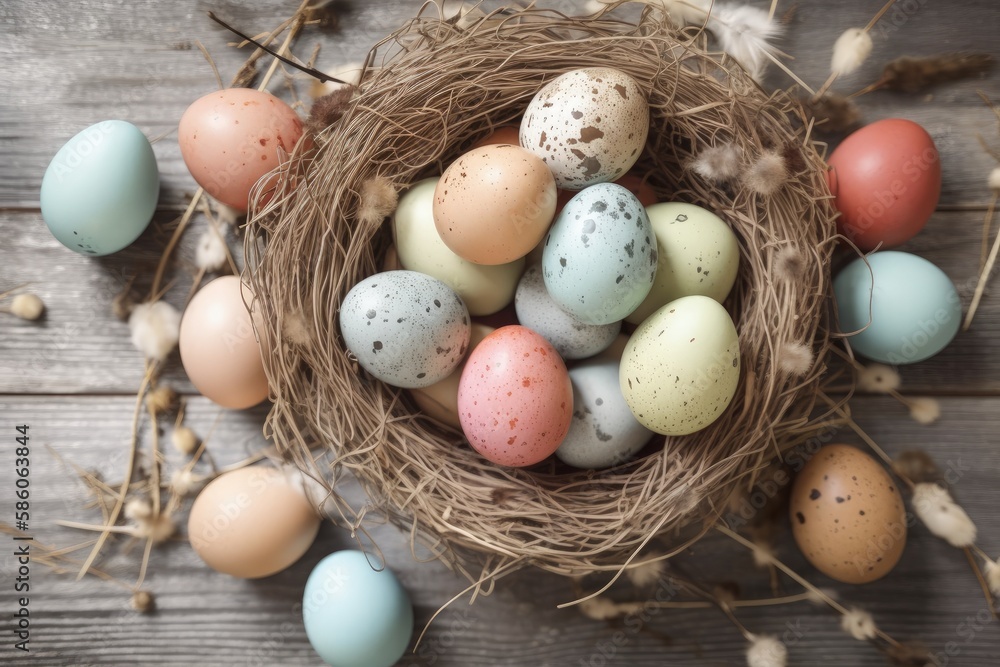 nest with eggs on a rustic wooden surface created with Generative AI technology