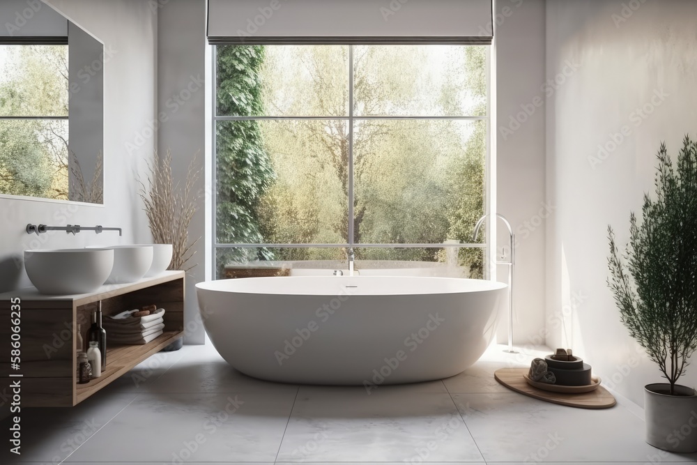 serene bathroom with a white bathtub next to a window overlooking nature created with Generative AI 