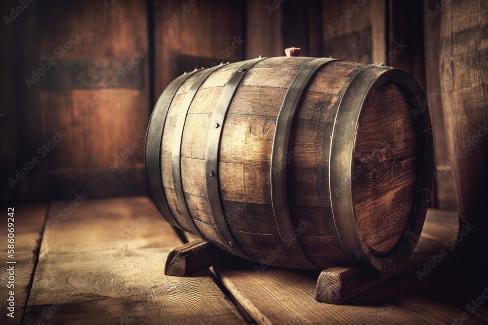 rustic wooden barrel placed on a wooden floor created with Generative AI technology