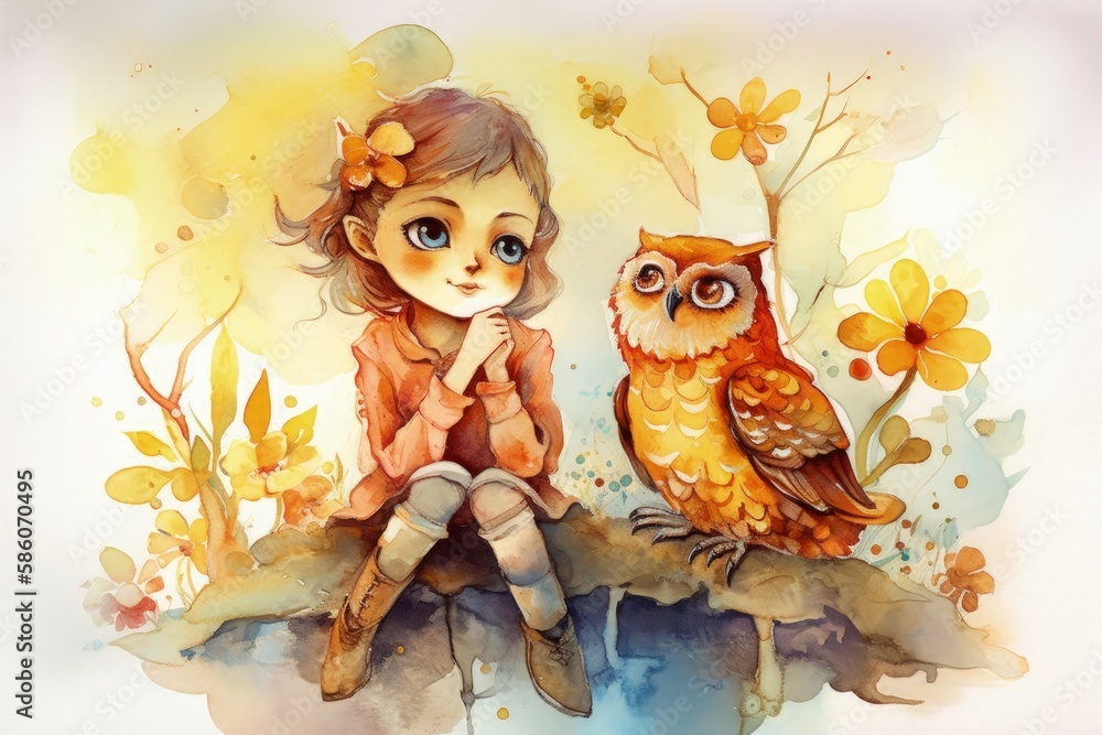 young girl perched on a tree branch with an owl companion created with Generative AI technology