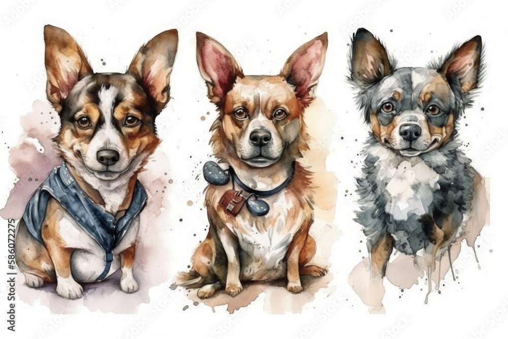 Illustration of three well-trained dogs sitting together wearing collars and harnesses created with 