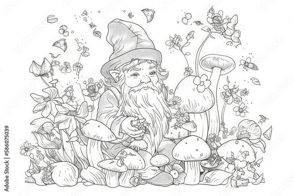 whimsical gnome enjoying a mushroom-filled meadow in black and white created with Generative AI tech