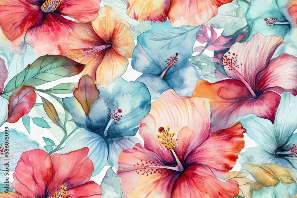 Illustration of vibrant and colorful flowers painted in watercolor on a white background created wit