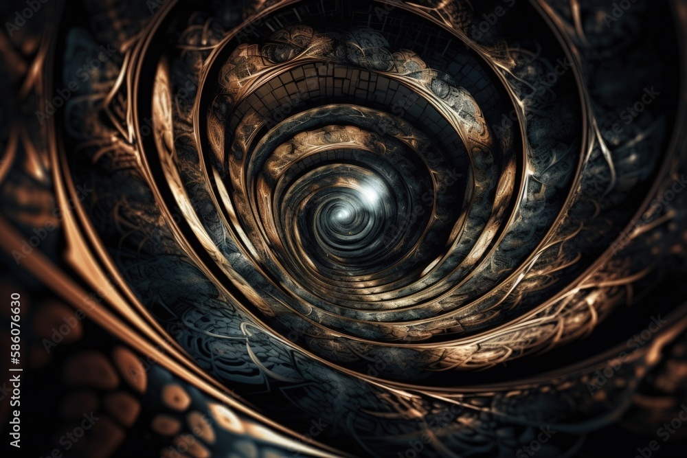 golden and black spiral with a glowing light at the end created with Generative AI technology