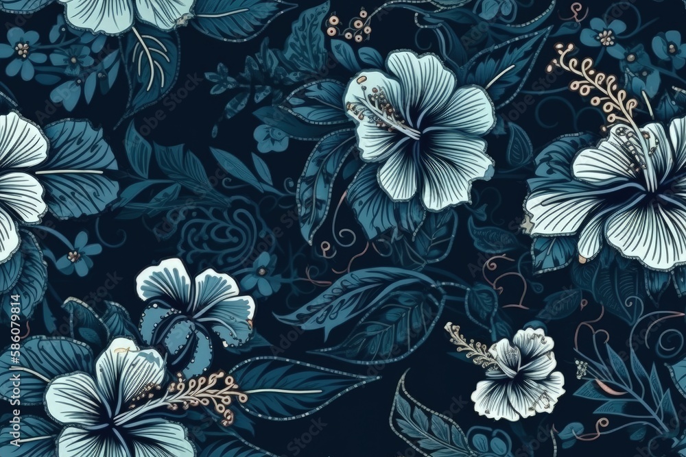 beautiful blue and white floral pattern set against a striking black backdrop created with Generativ