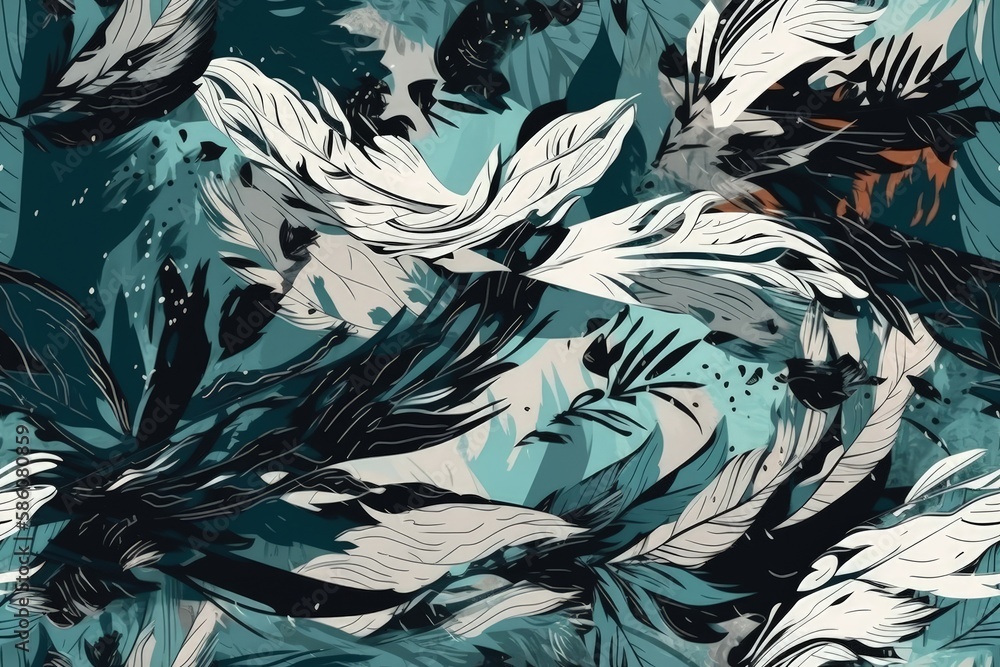 blue and white botanical pattern with leaves on a seamless background created with Generative AI tec