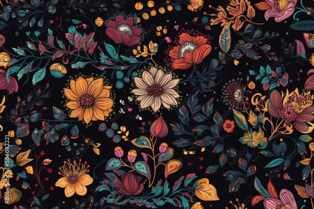 Illustration of colorful flowers and leaves on a black background created with Generative AI technol