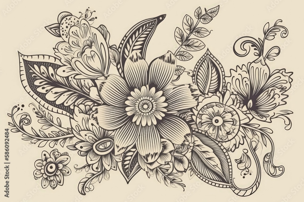 Illustration of colorful flowers and leaves blooming on a blank white canvas created with Generative