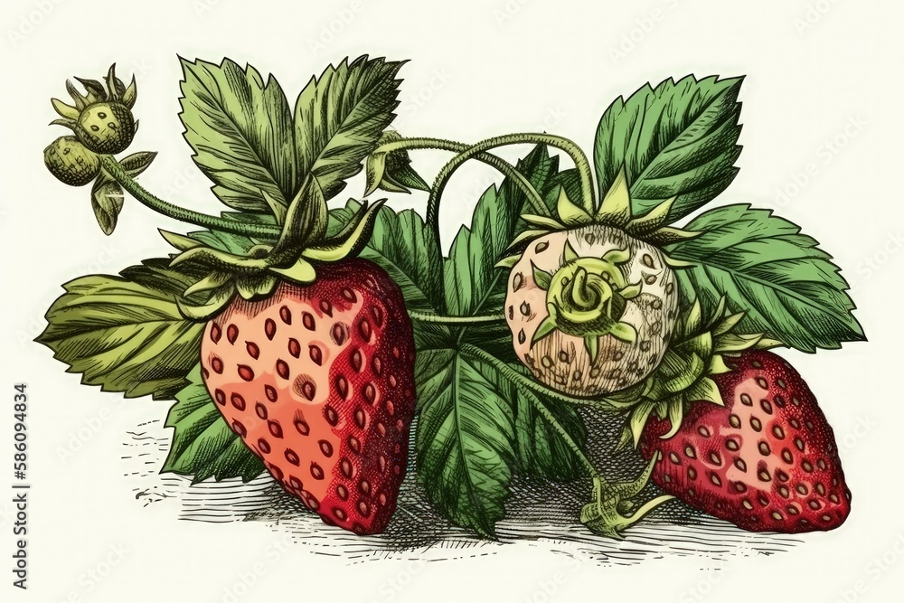 Illustration of strawberries with leaves on a white background created with Generative AI technology