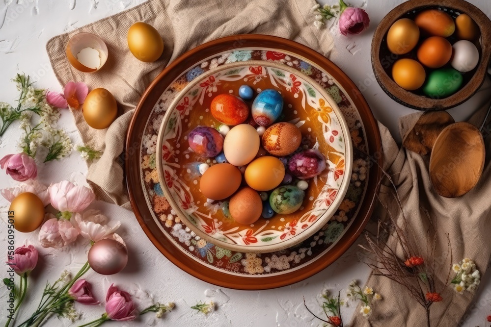 colorful Easter egg basket filled with a variety of eggs created with Generative AI technology