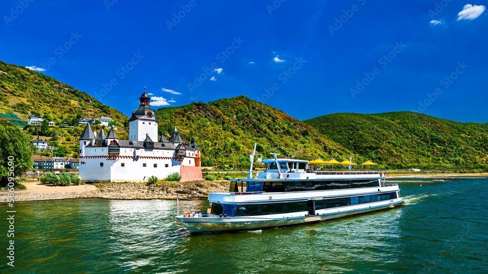 Cruise ship at Pfalzgrafenstein Castle in the Upper Middle Rhine Valley. UNESCO world heritage in Ge