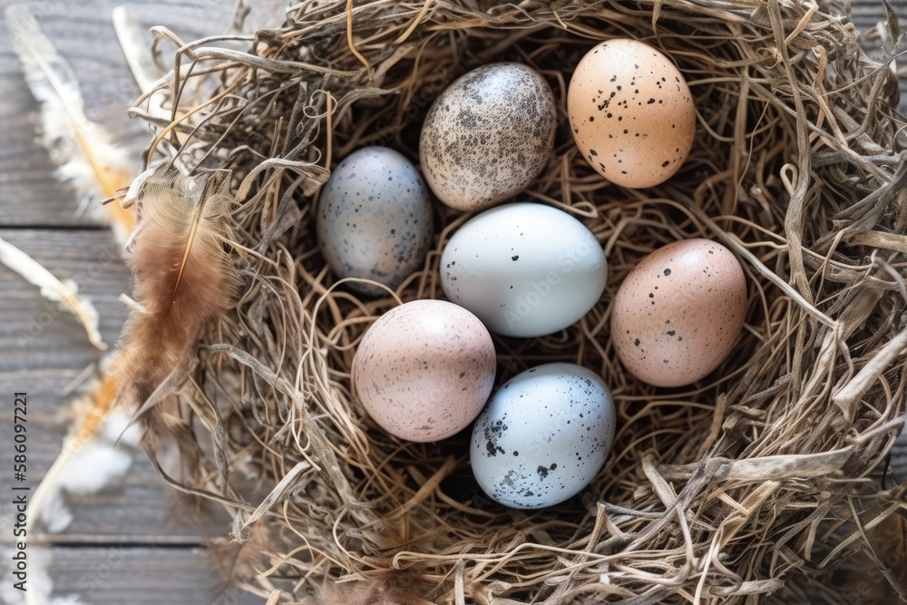 birds nest with eggs on a wooden table created with Generative AI technology