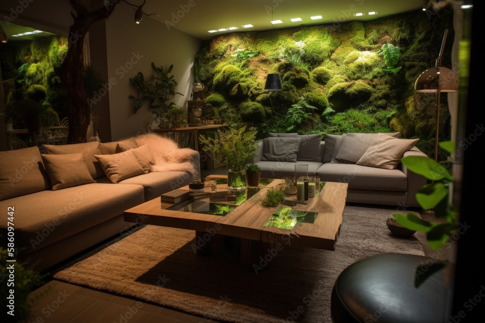 modern living room with a green moss wall as a unique focal point created with Generative AI technol