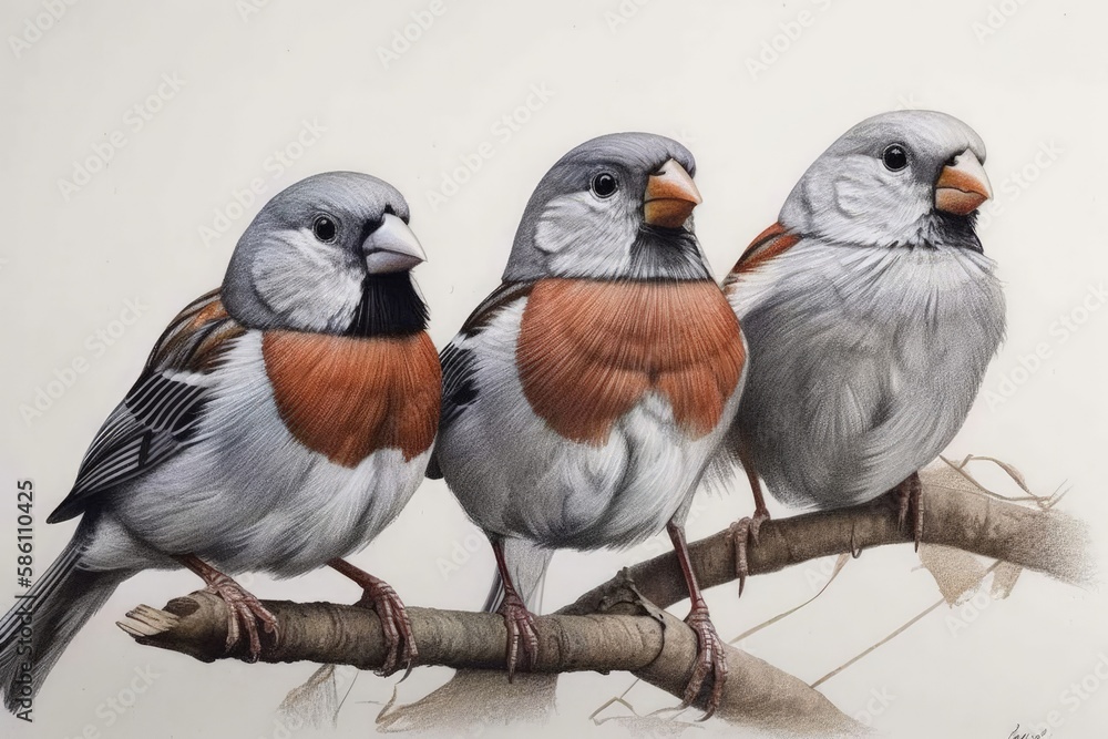 Illustration of three birds perched on a tree branch created with Generative AI technology