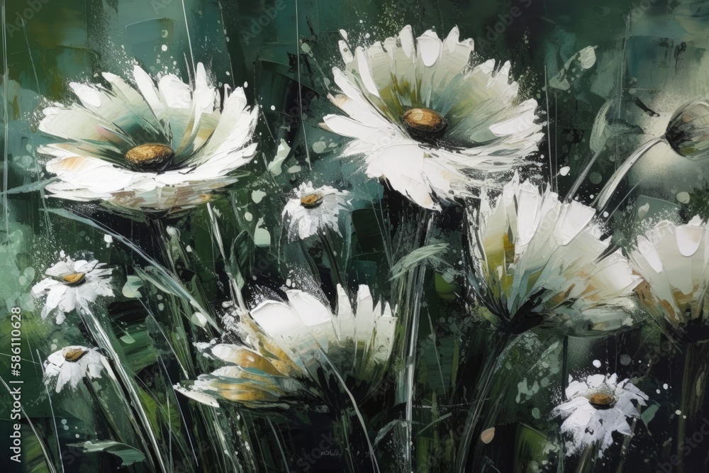 Illustration of white flowers in bloom on canvas created with Generative AI technology