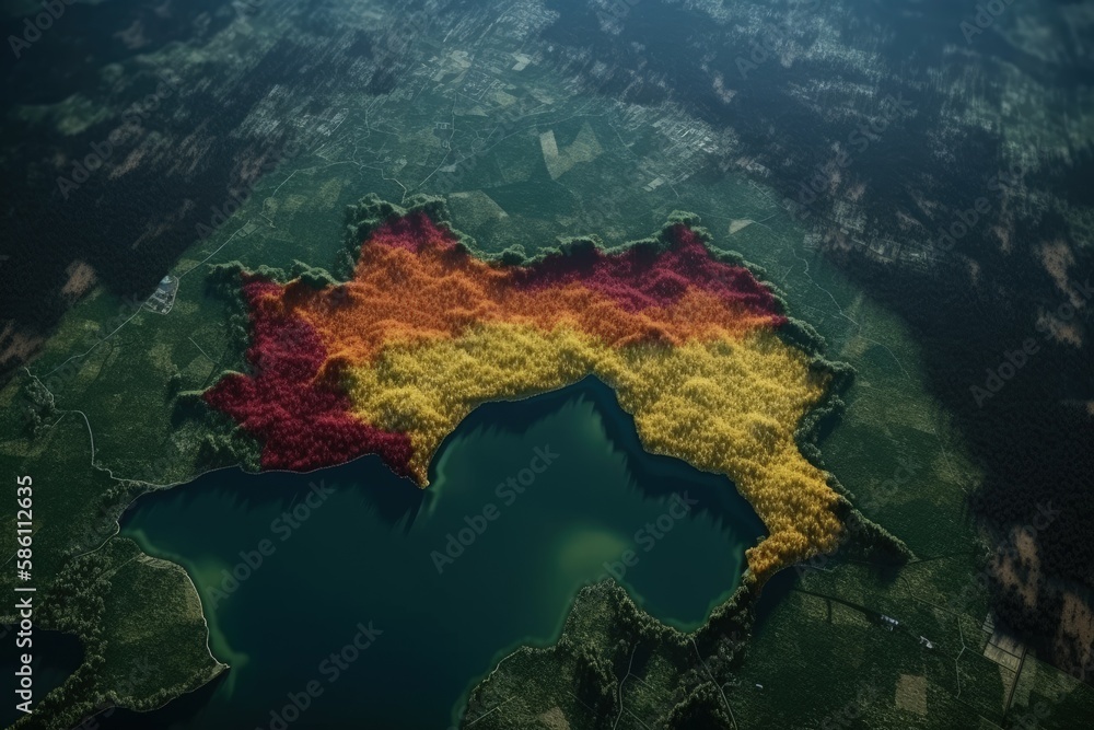 serene lake with surrounding landscapes viewed from above created with Generative AI technology