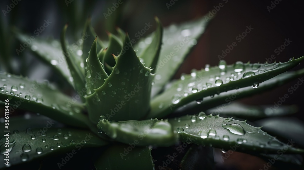 Closeup of aloe tropical plant leaves with rain drops. Green natural backdrop. Generative AI