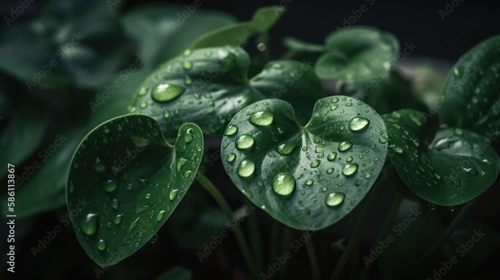 Closeup of Watermelon Peperomia tropical plant leaves with rain drops. Green natural backdrop. Gener