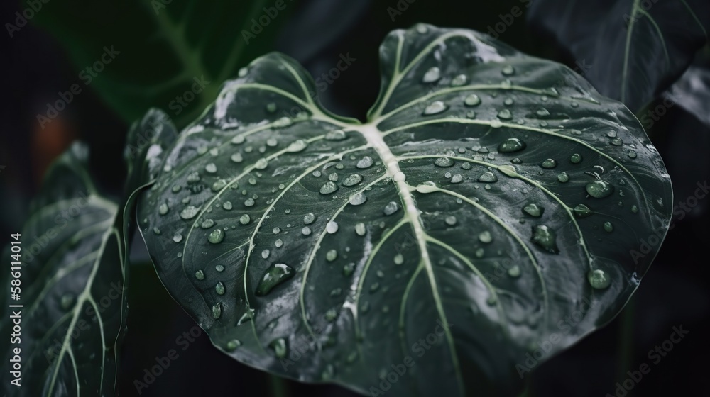 Closeup of Alocasia tropical plant leaves with rain drops. Green natural backdrop. Generative AI