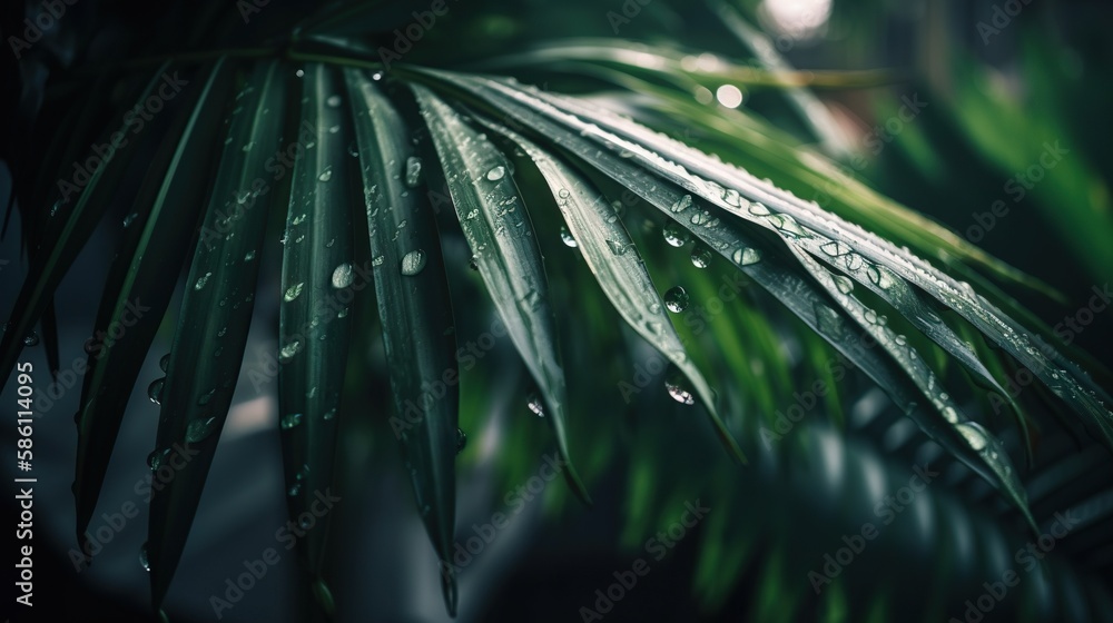 Closeup of palm tropical plant leaves with rain drops. Green natural backdrop. Generative AI