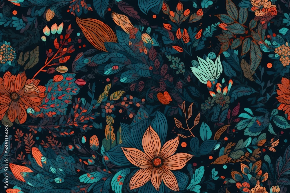 dark blue background with orange and green flowers created with Generative AI technology