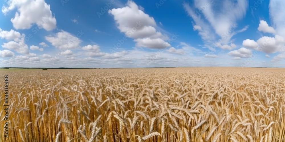 Field of golden ripe wheat under the blue sky and clouds. Generative AI