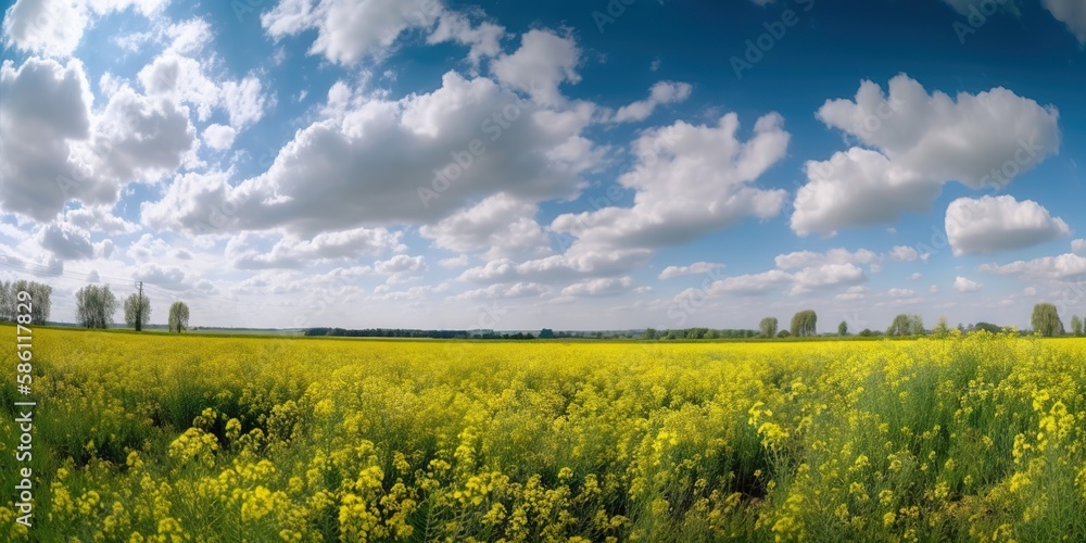 Spring flower field and blue sky with white clouds. Generative AI