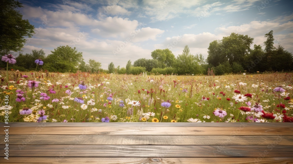 Wood table mockup with flowering spring meadow on background. Empty copy space for product presentat