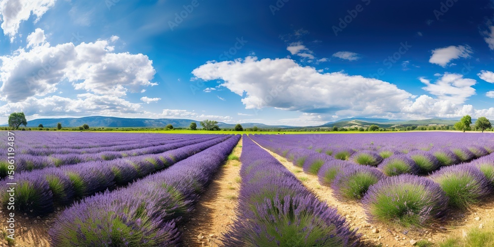 Stunning landscape with lavender field on sunny day. Generative AI