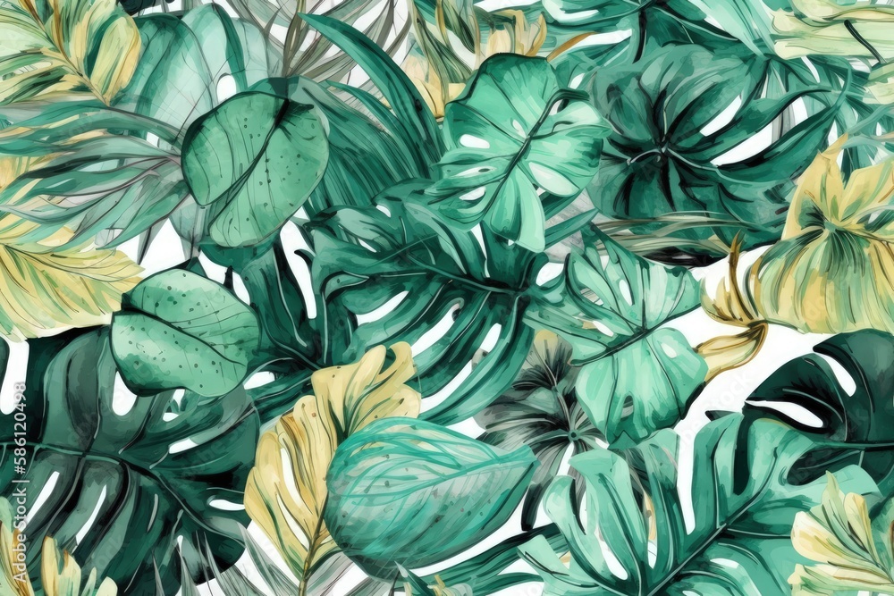 Illustration of green leaves painted in watercolor style on a white background created with Generati