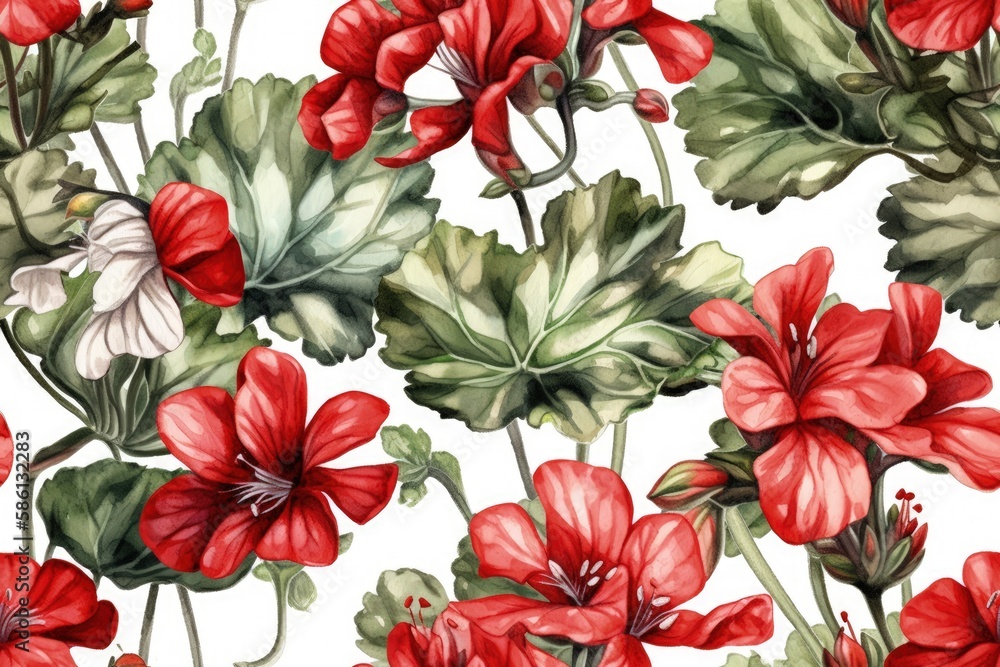 Illustration of red flowers painted in watercolor on a white background created with Generative AI t