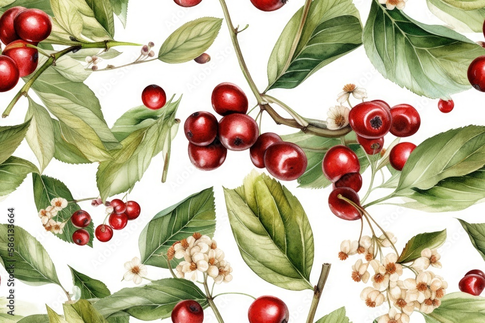 Illustration of Berries and Leaves on a White Background created with Generative AI technology