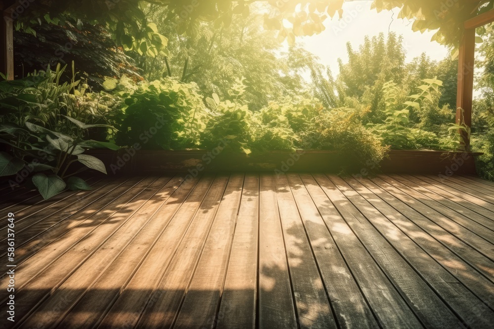 Wooden Deck Surrounded by Lush Trees and Bushes created with Generative AI technology