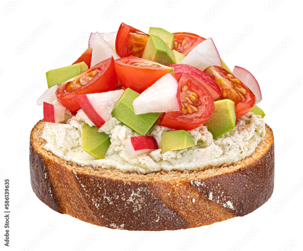 Rye bread slice with vegetable salad isolated on white background