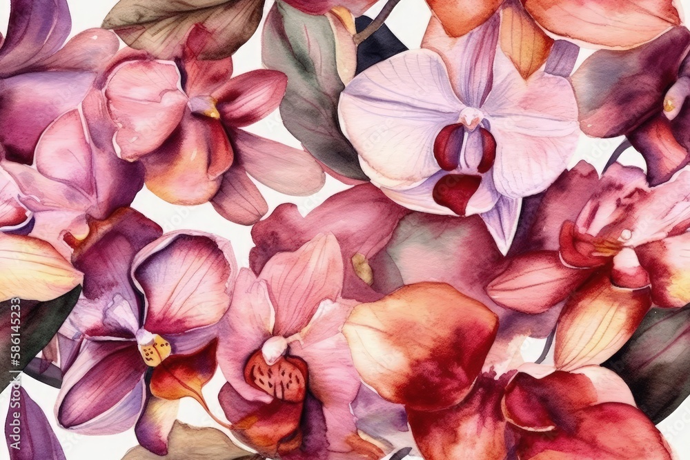 Illustration of watercolor orchids in shades of pink and purple created with Generative AI technolog