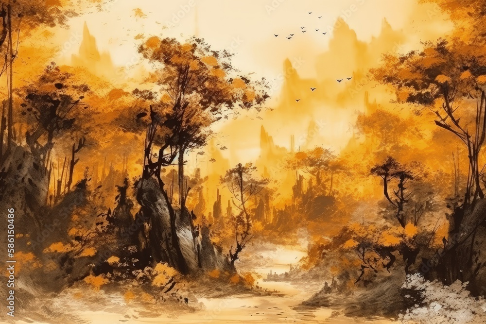 vibrant yellow forest with birds in flight created with Generative AI technology