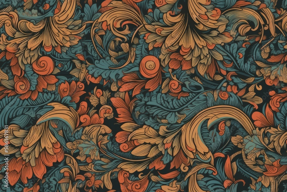 floral wallpaper pattern with leaves and flowers created with Generative AI technology