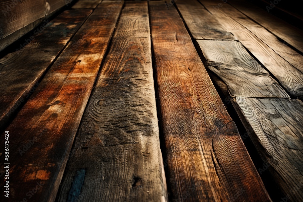 detailed view of a rustic wooden floor in a cozy room created with Generative AI technology