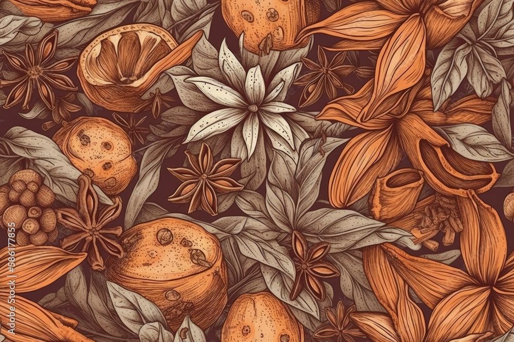 Illustration of oranges and leaves on a warm brown background created with Generative AI technology