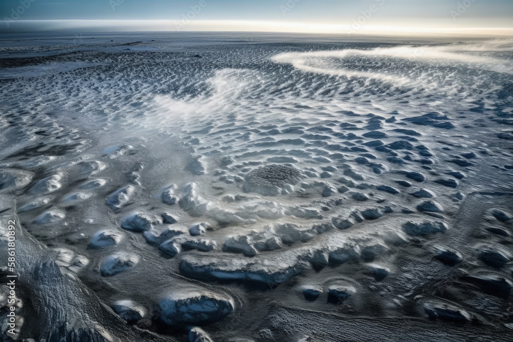 frozen beach viewed from above with ice covering the sand and water created with Generative AI techn