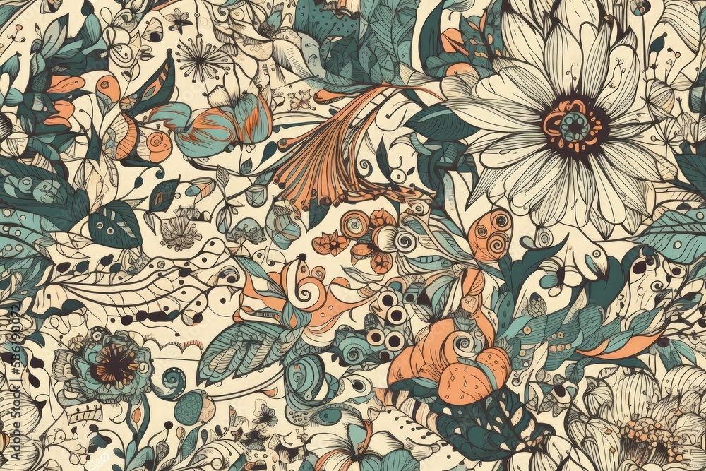 blue and orange floral pattern created with Generative AI technology