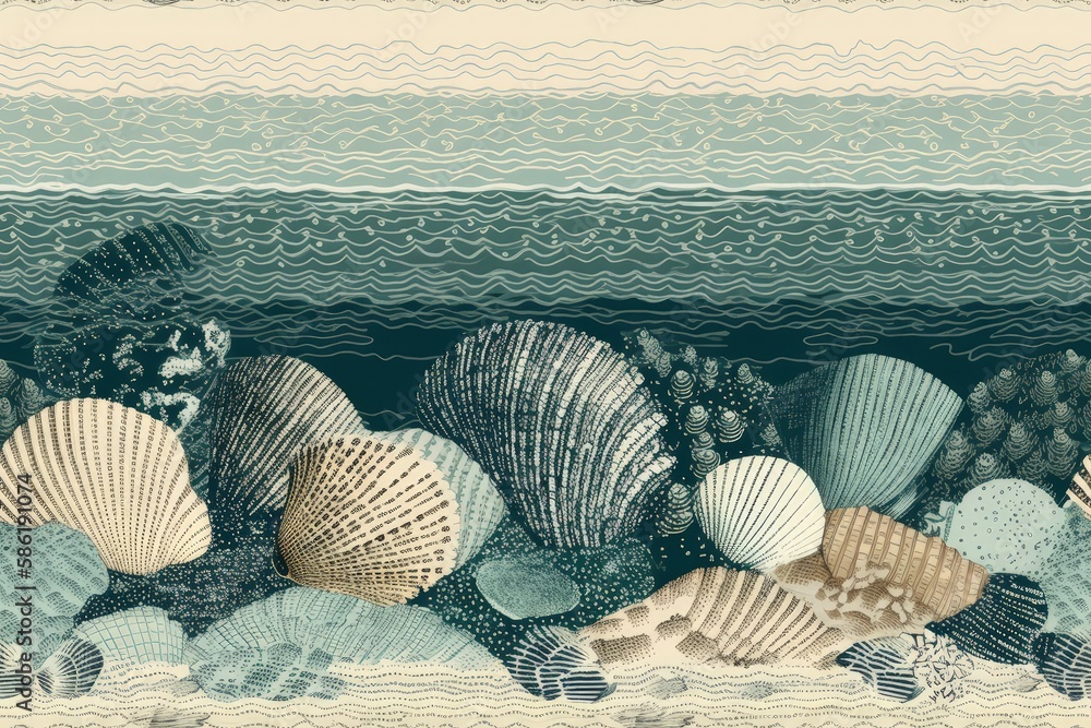 Illustration of seashells scattered on a sandy beach with ocean waves in the background created with