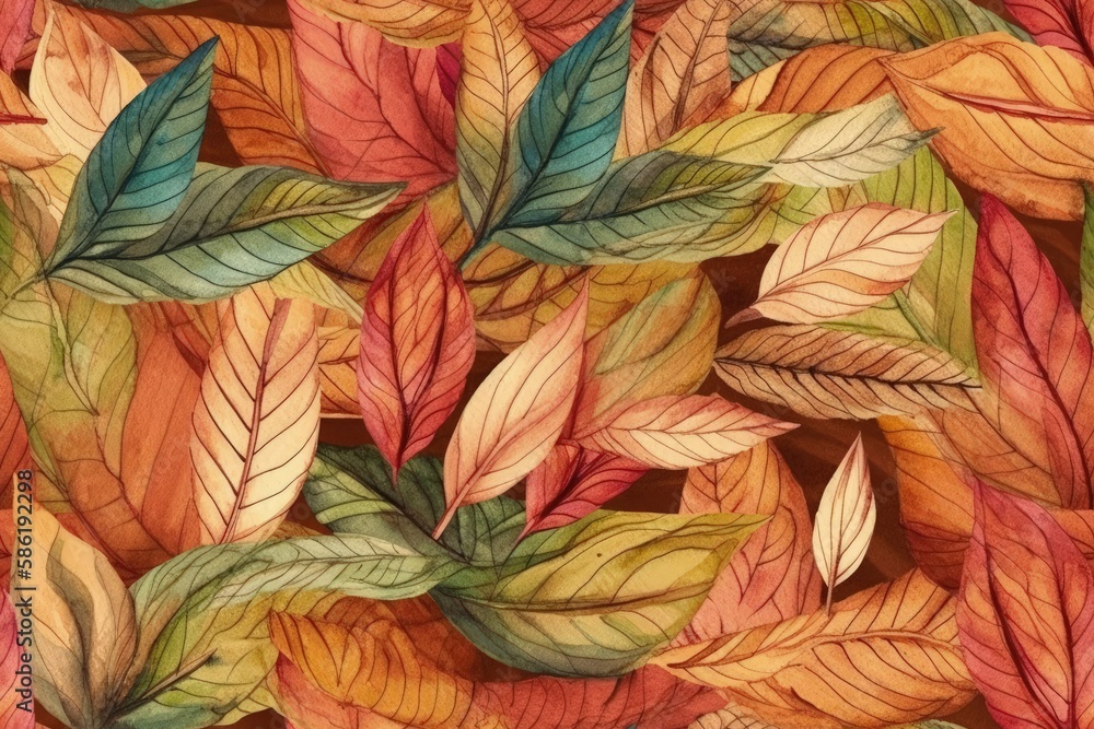 Illustration of colorful autumn leaves on a warm brown background created with Generative AI technol