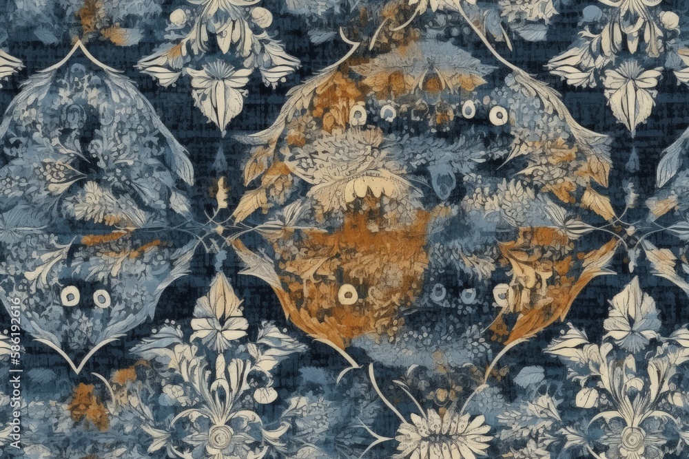 blue and orange rug with floral pattern created with Generative AI technology