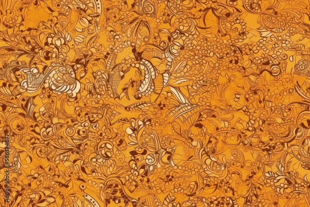 vibrant floral pattern on a yellow and brown background created with Generative AI technology