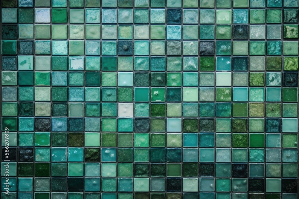 close-up view of a vibrant green tile wall with textured surface created with Generative AI technolo